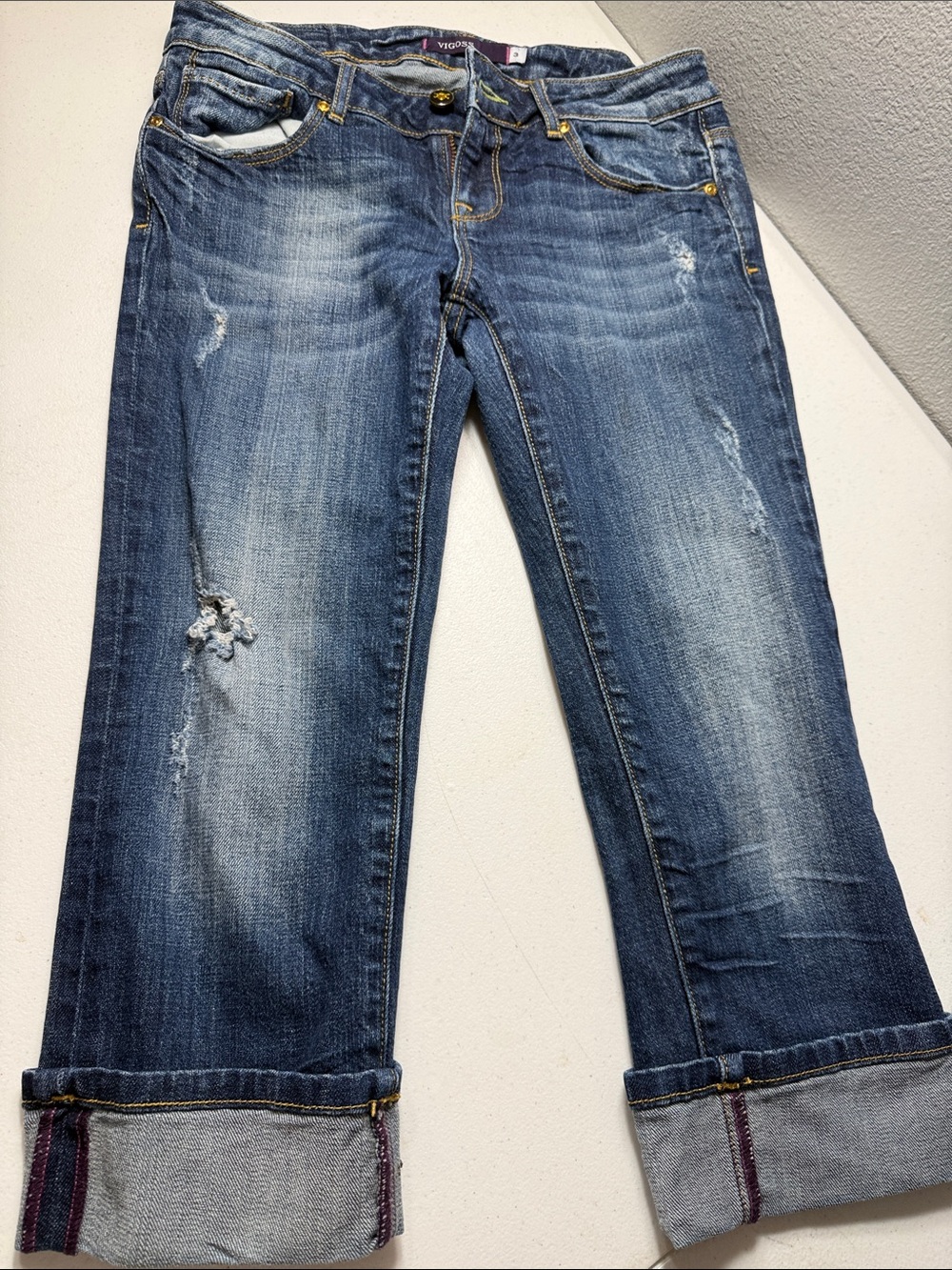 Vigoss Medium Distressed Blue Cropped Jeans with Rolled Cuffs